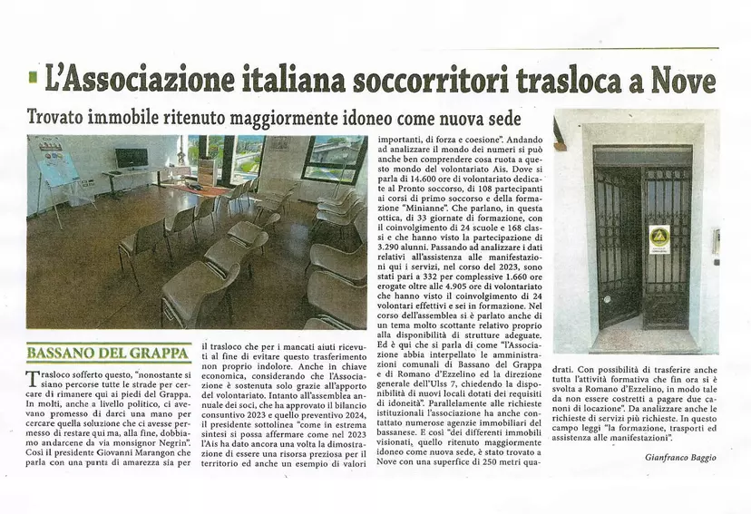 L'Associazione Italiana Soccorritori trasloca a Nove • News • Associazione Italiana Soccorritori Bassano del Grappa