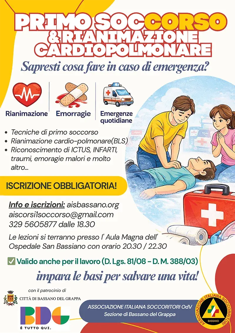 Corso di Primo Soccorso e Rianimazione Cardipolmonare Marzo-Maggio 2026 dettagli • News • Associazione Italiana Soccorritori Bassano del Grappa