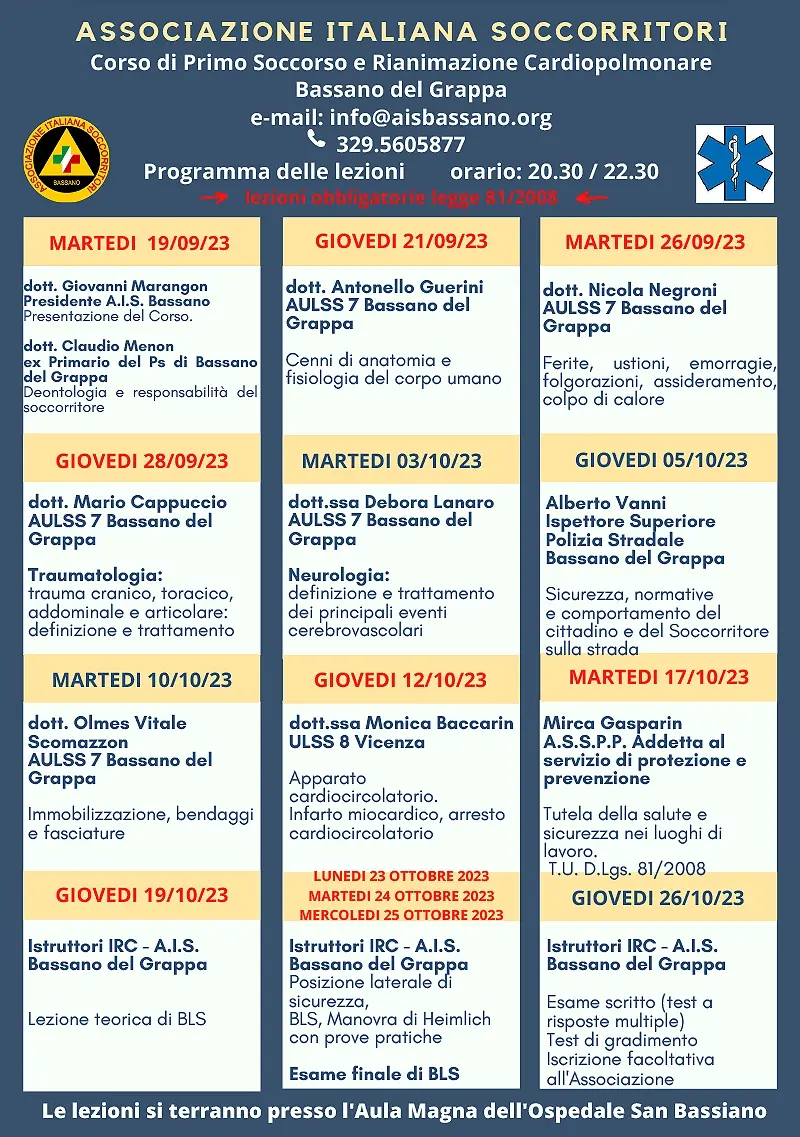 Corso di Primo Soccorso e Rianimazione Cardipolmonare Settembre-Ottobre 2023 dettagli • News • Associazione Italiana Soccorritori Bassano del Grappa