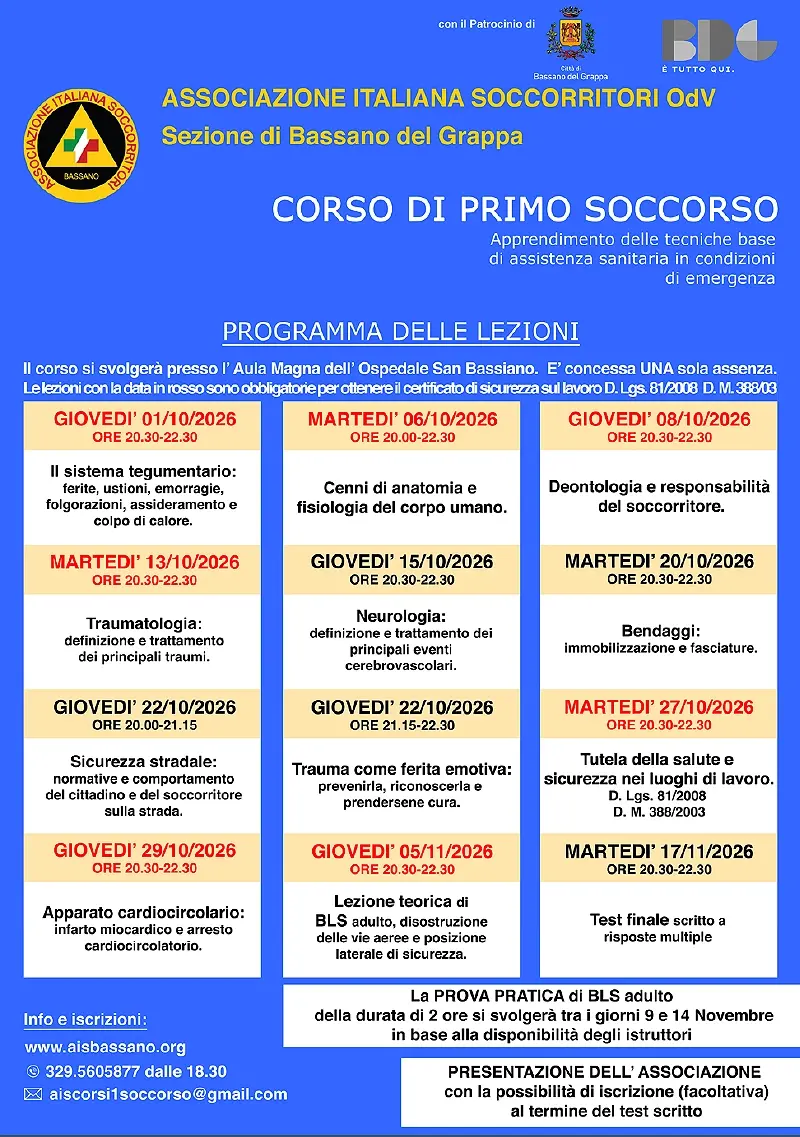 Corso di Primo Soccorso e Rianimazione Cardipolmonare OTTOBRE/NOVEMBRE 2026 dettagli • News • Associazione Italiana Soccorritori Bassano del Grappa